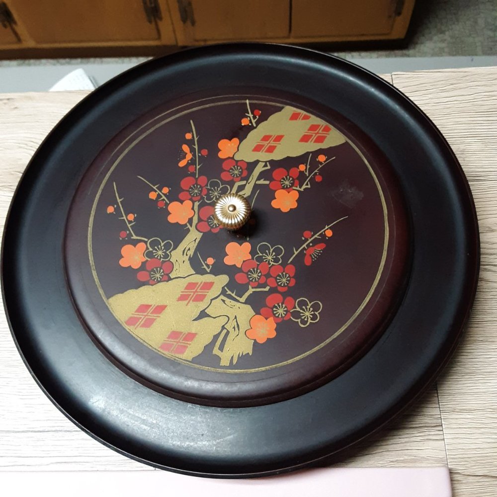 Vintage 70s Japan Lazy Susan Covered Dish Serving Tray Brown w Orange Red Flower